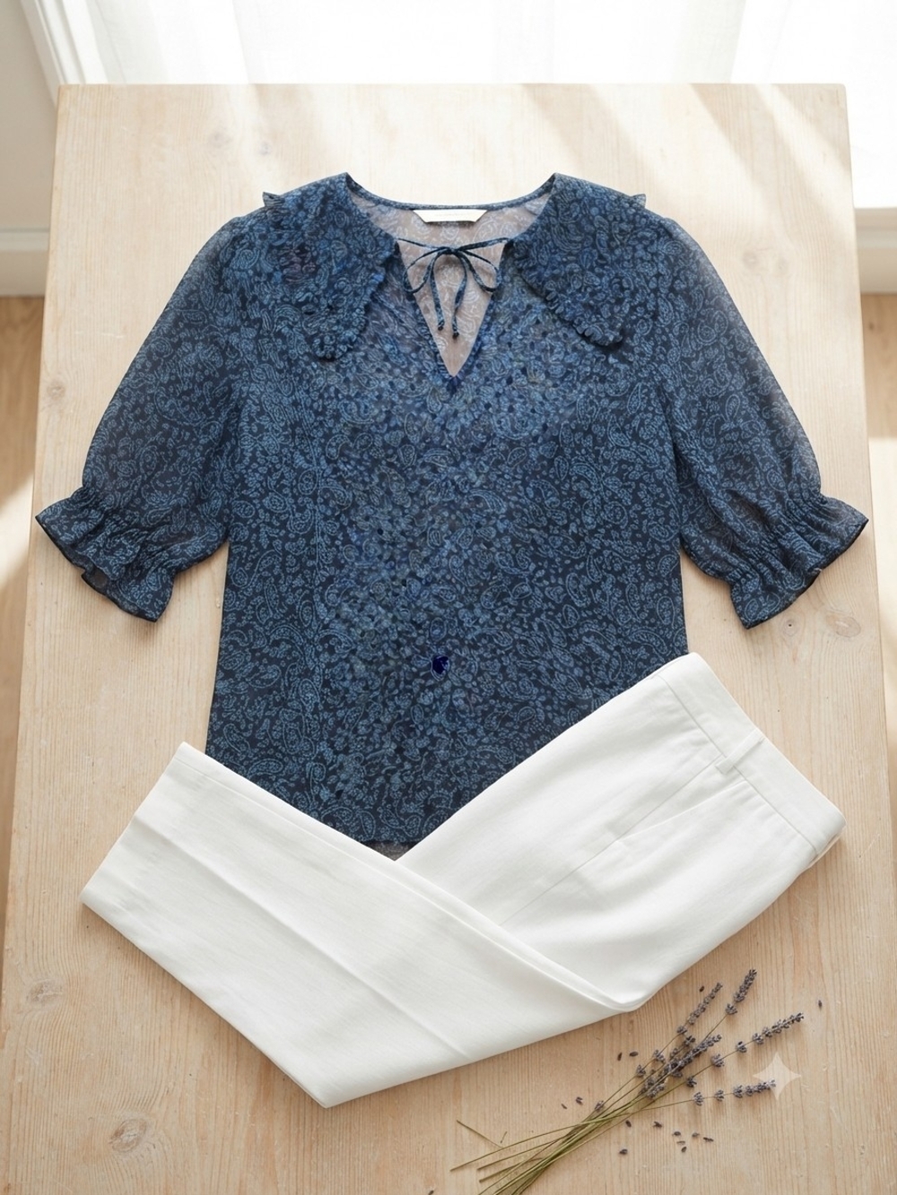2/$15 Reitmans Navy Paisley Tie-Front Blouse